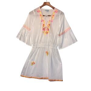 TAJ BY SABRINA CRIPPA Cover Up Tie Front Embroidered Tunic - Sz L